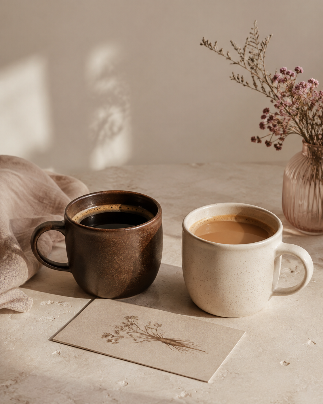 Two cups of coffee on a warm neutral table, one dark and one creamy.